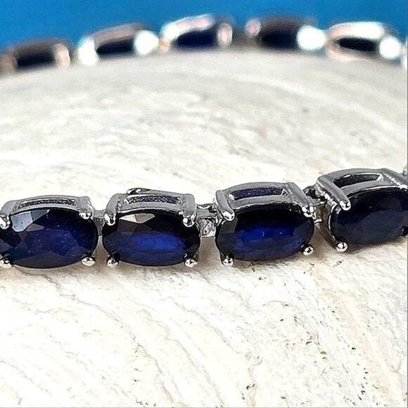 Natural Blue Sapphire 925 Sterling Silver Tennis Bracelet 7" - Picture 3 of 13
